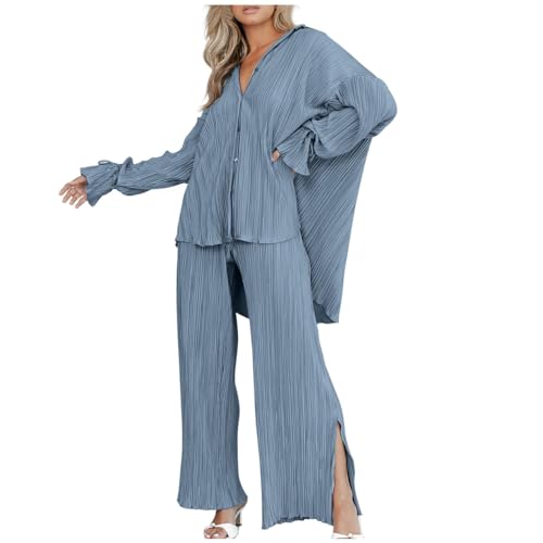 Damen Set Zweiteiler Musselin Casual Outfits Revers Langarm Button Down Shirt Hohe Taille Lange Hosen Damen 2 Stück Loungewear Streetwear Anzüge Weites Plissee Bein Hosenanzüge von EQWIGKEIT