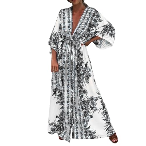 EQWIGKEIT Damen Sommerkleid V Ausschnitt Floral Quasten Spaghetti Trägerkleid Freizeitkleider Hi-Low Party Boho Beach Elegant Maxikleider Strand Outfits von EQWIGKEIT