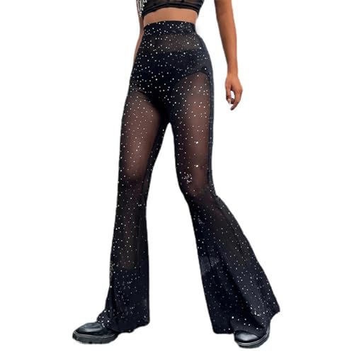 EQWIGKEIT Festival Outfit Damen Glitzer Hohe Taille Mesh Hose Sexy Transparent Tanzhosen Einfarbig Schlaghose 70Er Freizeithose Lang Pailletten Weite Hose Funkelnd Damenhose Party Disco Clubwear von EQWIGKEIT
