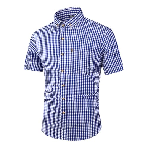 EQWIGKEIT Hemd Herren Kurzarm Button Down Trachtenhemd Slim Fit Freizeithemd Business Kurzarmhemd Kariert Tracht Oktoberfest Outfit Kent-Kragen Karohemd von EQWIGKEIT