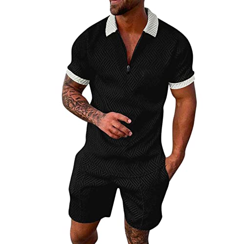 EQWIGKEIT Herren Trainingsanzug Set Lässig Sportanzug Casual T Shirts Und Kurze Hose Jogginganzug Herren Set Baggy Freizeitanzug 2 Teiliges Bedruckter Polo Hemd Set Casual Sommer Anzug (Black #1, L) von EQWIGKEIT