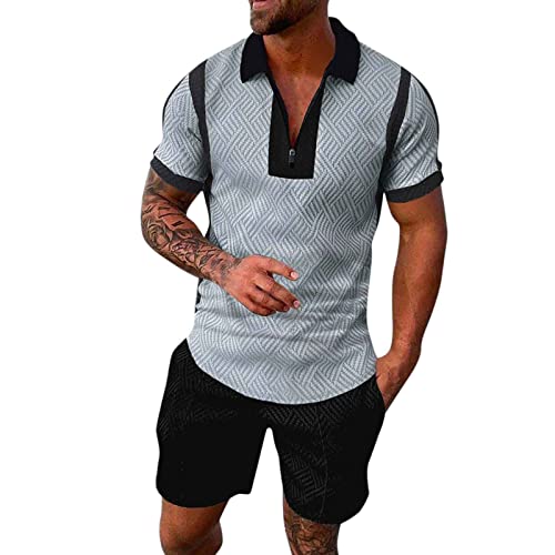 EQWIGKEIT Herren Trainingsanzug Set Lässig Sportanzug Casual T Shirts Und Kurze Hose Jogginganzug Herren Set Baggy Freizeitanzug 2 Teiliges Bedruckter Polo Hemd Set Casual Sommer Anzug (Grey #1, M) von EQWIGKEIT