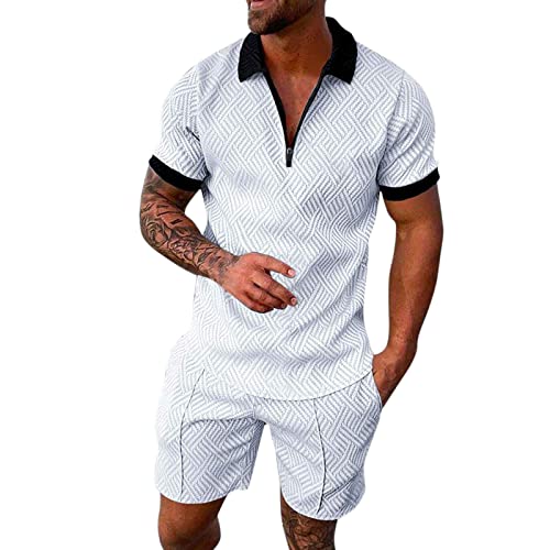 EQWIGKEIT Herren Trainingsanzug Set Lässig Sportanzug Casual T Shirts Und Kurze Hose Jogginganzug Herren Set Baggy Freizeitanzug 2 Teiliges Bedruckter Polo Hemd Set Casual Sommer Anzug (White #1, L) von EQWIGKEIT