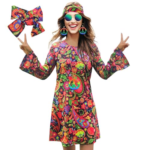 EQWIGKEIT Hippie Kostüm Damen Set60er 70er Kleid Kleidung Frauen Mädchen Disco Kleider mit Jahre Accessoires Faschingskostüme für Karneval Cosplay von EQWIGKEIT