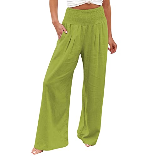 EQWIGKEIT Hose Damen Sommer, Leinenhose Damen Sommer Lang Palazzo Hose High Waist Weites Bein Sommerhose Casual Leinen Leicht Hosen Freizeithose Hohe Taille Einfarbig Stoffhose Mit Taschen von EQWIGKEIT
