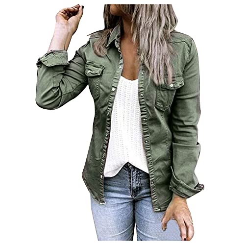 EQWIGKEIT Jeansjacke Damen Leicht Übergangsjacke Einfarbig Stretch Festival Jacke Langarm Damenjacke Rever mit Knöpfen Denim Jacket Jeansjacken Casual Jean Mantel Blouson Kurz Coat Outwear von EQWIGKEIT