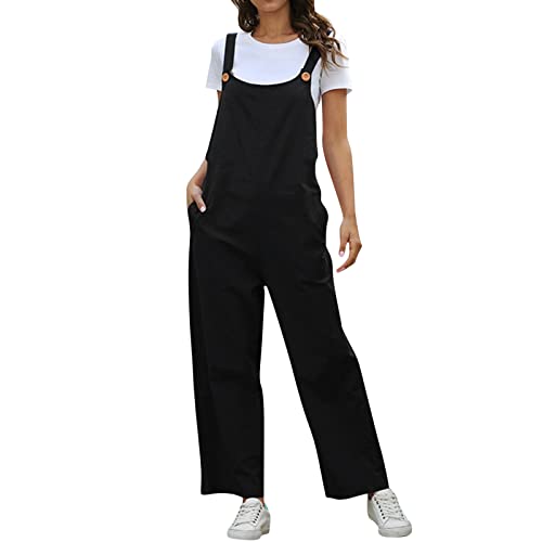 EQWIGKEIT Jumpsuits Damen Ärmellose, Casual Baggy Locker Trägerhose Spaghetti-Träger, Oversize lose lange Hosen mit Taschen 2024 Latzhose Damen von EQWIGKEIT