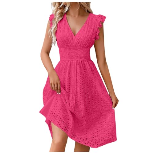 Kleider Damen Sommer, Strandkleider Damen Sommer Knielang Sommerkleid Leicht Elegant V-Ausschnitt Rüschenkleid Ärmellos Italienische Kleider Boho Vintage Brautkleider Strand Freizeitkleid von EQWIGKEIT