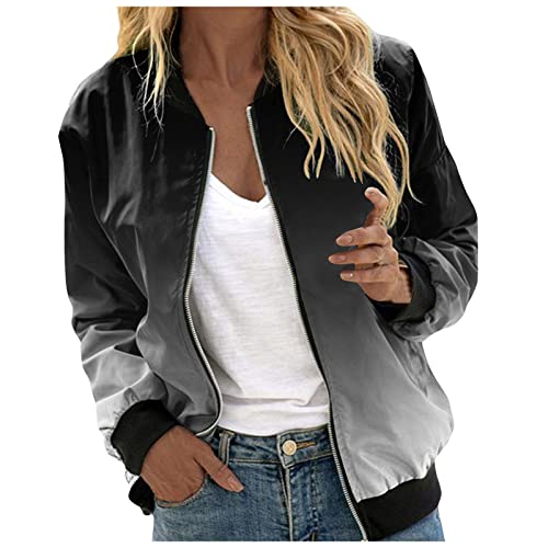 EQWIGKEIT Lässige Alltagsjacken für Damen, leichte Freizeitjacke mit Reißverschluss, Blumendruck, Mantel, Stehkragen, Kurze Sport-Outwear, Reißverschluss-Oberteile Damenmäntel (Black, XL) von EQWIGKEIT