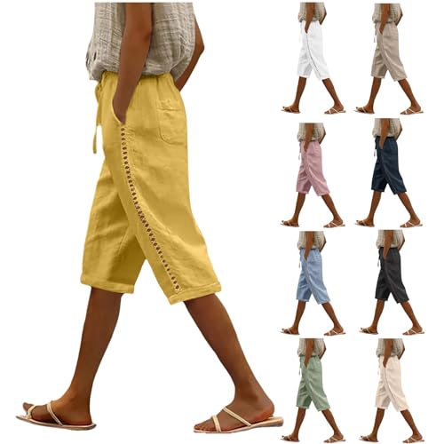 EQWIGKEIT Musselin Shorts Damen Sommer 3/4 Hosen Seite Spitze Hohl Caprihose Elastisch Leinenhose Einfarbig Stoffhose Mit Kordelzug Strand Shorts Mit Taschen Strandhose Leicht Und Luftig Sommerhose von EQWIGKEIT