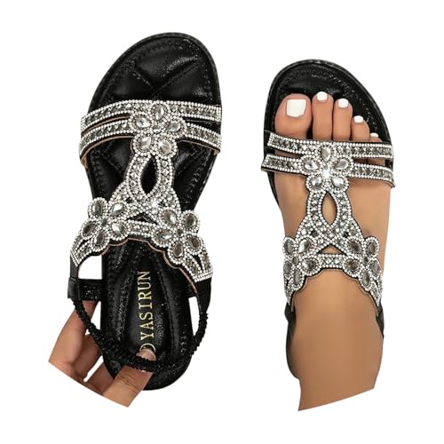 EQWIGKEIT Sandalen Glitzer Damen Strass Boho Strandschuhe Sommer Leichte Sommerschuhe Flach Bequem Römer Sandaletten Elegant Weichen Sohlen Damenschuhe Gummiband Slingback Flip Flops Sandals von EQWIGKEIT
