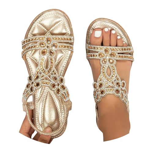EQWIGKEIT Sandalen Glitzer Damen Strass Boho Strandschuhe Sommer Leichte Sommerschuhe Flach Bequem Römer Sandaletten Elegant Weichen Sohlen Damenschuhe Gummiband Slingback Flip Flops Sandals von EQWIGKEIT