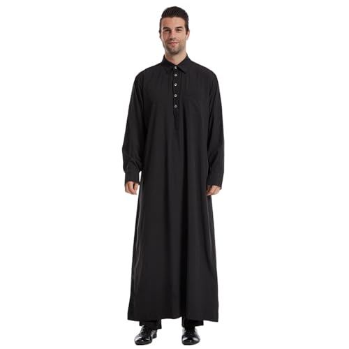 EQWIGKEIT Schwarze Abaya Herren, Abaya Herren Langarm Thobe Button Down Islamisch Robe Kaftan Lang Mittelalter Hemd Ethnisch Nachthemd Einfarbig Arabische Kleidung Gebetskleidung für Männer von EQWIGKEIT