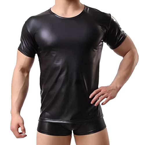 EQWIGKEIT Sexy Unterwäsche Für Mann Latex Slim Fit Tank Top Latex T-Shirt Herren Stretch Hemd Tops Leder Ärmellose Westen Leder Oberteil Reizwäsche Für Sex Dessous Erotisch Wetlook Unterhemd von EQWIGKEIT