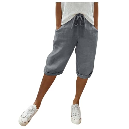 EQWIGKEIT Sommerhosen Damen Leicht und Luftig Leinenhose Kurze Hosen Damen Sommer Hohe Taille Caprihose Elastisch Einfarbig Shorts Damen Knielang Strandhose mit Kordelzug Stoffhose von EQWIGKEIT