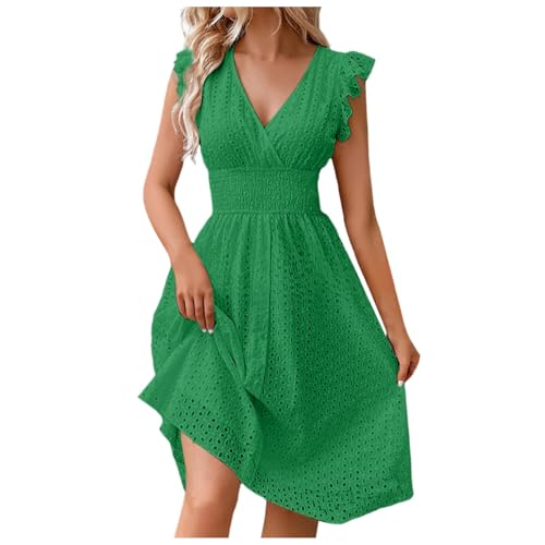 Sommerkleid Damen kurz, Strandkleider Damen Sommer Knielang Sommerkleid Leicht Elegant V-Ausschnitt Rüschenkleid Ärmellos Italienische Kleider Boho Vintage Brautkleider Strand Freizeitkleid von EQWIGKEIT