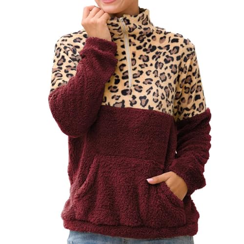 EQWIGKEIT Sweatshirt Damen Ohne Kapuze Casual Stehkragen Plüschjacke Mit Halbem Reißverschluss Plüsch Oversize Winter Fleecepullover Langarm Fleece Pullover Leopard Patchwork Übergangsjacke von EQWIGKEIT