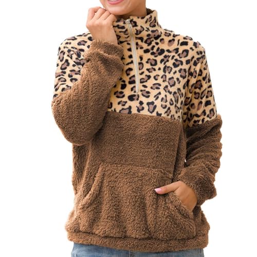 EQWIGKEIT Sweatshirt Damen Ohne Kapuze Casual Stehkragen Plüschjacke Mit Halbem Reißverschluss Plüsch Oversize Winter Fleecepullover Langarm Fleece Pullover Leopard Patchwork Übergangsjacke von EQWIGKEIT
