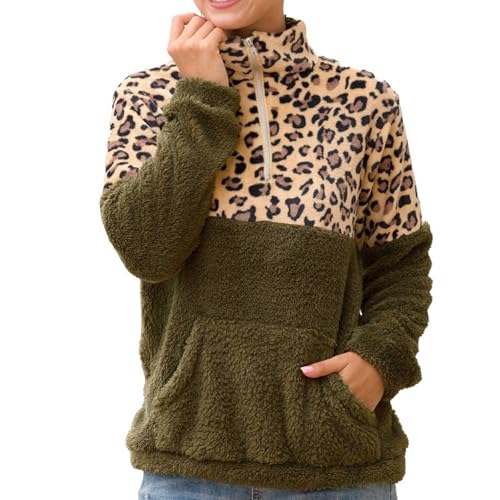 EQWIGKEIT Sweatshirt Damen Ohne Kapuze Casual Stehkragen Plüschjacke Mit Halbem Reißverschluss Plüsch Oversize Winter Fleecepullover Langarm Fleece Pullover Leopard Patchwork Übergangsjacke von EQWIGKEIT