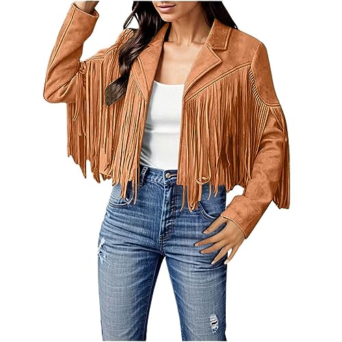 EQWIGKEIT Fransenjacke Damen Lederjacke Faux Wildleder Kurze Fransenmantel Festlich Motorradjacke Langarm Wildlederjacke Cowboy Mantel Vintage Einfarbig Faschingskostüme von EQWIGKEIT