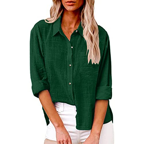 EQWIGKEIT blitzangebote des Tages Musselin Bluse Damen Einfarbig Leinenbluse Revers Knöpfen Hemd Lockere Langarmshirt Leinenhemd Baumwolle Blusenshirt Große Größen Hemdbluse Basic Tops mit Tasche von EQWIGKEIT