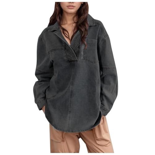 EQWIGKEIT frühlingsjacke damen, Jeansbluse Damen Langarm Sommer Jeans Hemd Bluse Western Hemdbluse Einfarbig Damenblusen Button Down Tunika Denim Langarmshirt Oversize Casual Jeansjacke Jeanshemd von EQWIGKEIT