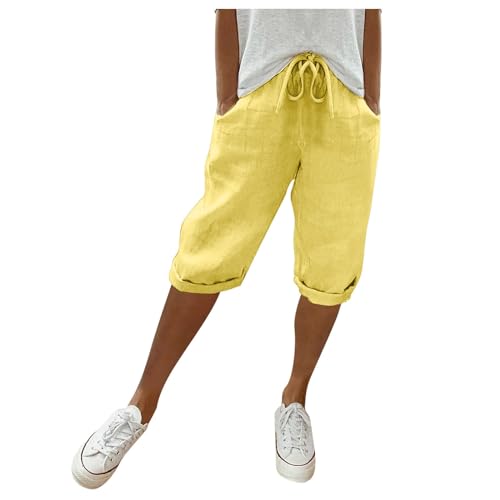 EQWIGKEIT leichte Sommerhose Damen, Leinenhose Damen Knielange Sommerhose Leicht Kurze Hose Locker Strandhose Mit Kordelzug Leinen Shorts Casual Hohe Taille Freizeithose Einfarbig Stoffhose von EQWIGKEIT