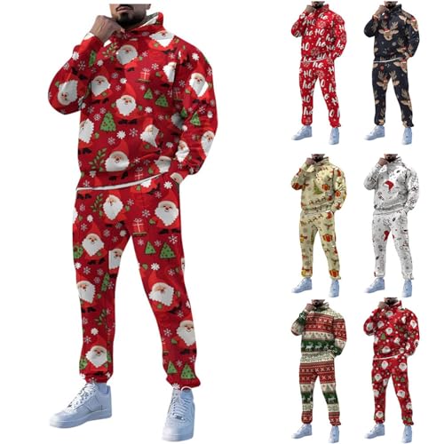 EQWIGKEIT weihnachtspyjama, Weihnachtsanzug Jogginganzug Herren Set 2-Teilig Sportanzug Weihnachts Druck Weihnachtsoutfit mit Kapuze Trainingsanzug Lustig Langarm Weihnachtskostüm von EQWIGKEIT
