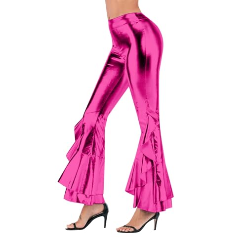 Glitzer Hose Damen lang, Glitzer Hose Damen Lang Glänzende Schlaghose Damen 70er Jahre Outfit Metallic Hose Vintage Hip Hop Trompetenhose Wet Look Stretch Leggings Tanzhosen Party Disco Clubwear von EQWIGKEIT