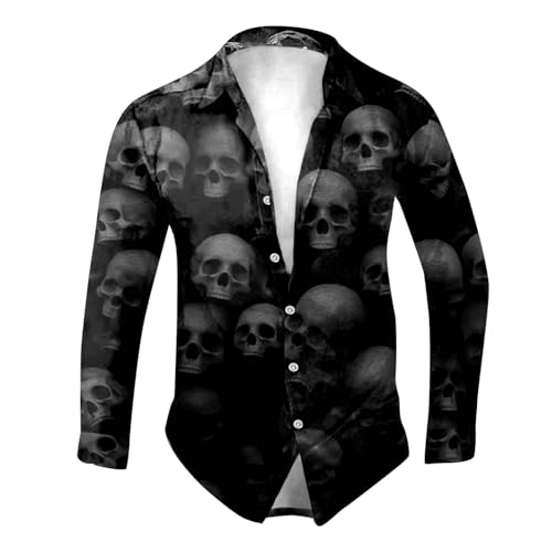 Halloween Kostüm Herren Hemd Totenkopf Muster Langarmhemd Basic Freizeithemden Regular Fit Lustige Bedruckt Trachtenhemd Entsetzen Horror mit Knöpfen Mustershirts Oberteile Revers Halloweenhemd von EQWIGKEIT