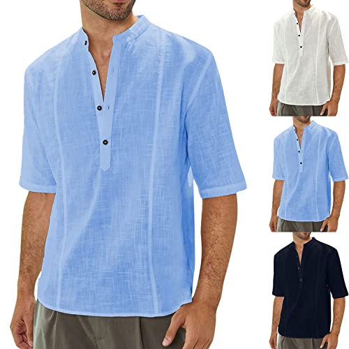 Henley Shirt Herren Sommerhemd Baumwolle Leinen Kurzarm Hemd Henley-Stehkragen Lässiges Slim-Fit-Hemd Sommer Leinenhemd Herren Button Down Freizeithemden Casual Leicht Shirts von EQWIGKEIT