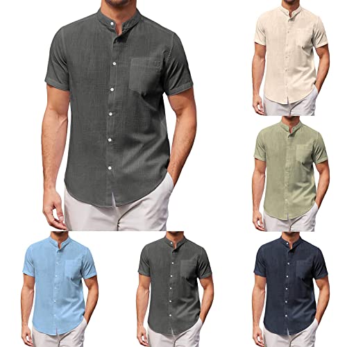 Herren Sommerhemd Baumwolle Leinen Kurzarm Hemd Herren Henley-Stehkragen Lässiges Slim-Fit-Hemd Sommer Leinenhemd Herren Button Down Freizeithemden Casual Leicht Shirts von EQWIGKEIT