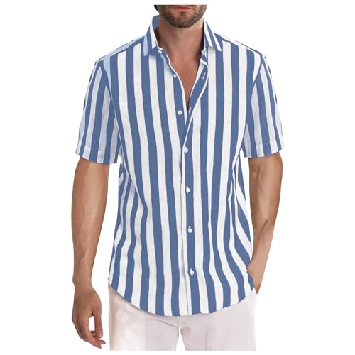 Leinenhemd Herren Kurzarm Gestreiftes Hemd Herren Kurzarm Freizeithemd Sommer Casual Herrenhemden Regular Fit Strandhemd Henley Shirt Button Down Businesshemd Leichte Mode Sommerhemd von EQWIGKEIT