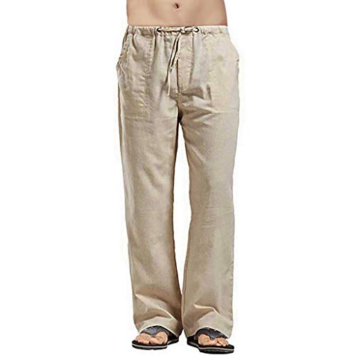 Leinenhose Herren Lang Hose Elastische Taille Sommerhose Mit Kordelzug Freizeithose Leicht Weite Strandhose Einfarbig Yoga Hosen Lässige Loose Loungewear Herbst Stoffhose von EQWIGKEIT