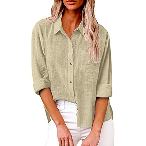 Musselin Bluse Damen Elegant Oberteile Lose Oversize Shirt Damen Lässig Langarmshirt Hemdbluse Stehkragen Hemd Langarm Longbluse Einfarbig Tops von EQWIGKEIT