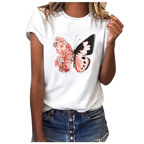 Sommer T-Shirt Damen Basic T Shirt Bedrucken Rundhalsausschnitt Weiß Oberteile Baumwolle Ausgefallene Tshirts Damen Locker Kurzarm Bluse Tops Batik Damenshirt Sportshirt Teenager Mädchen von EQWIGKEIT