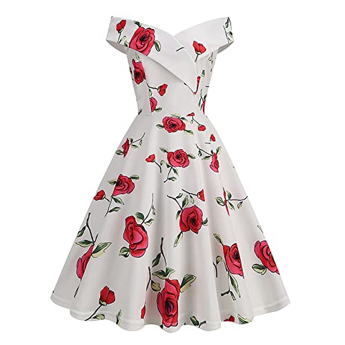 Vintage Kleider Damen Knielang Partykleid Elegant Cocktailkleid Polka Dot Rockebillykleider V-Ausschnitt Rockabilly Rüschen Saum Kurzarm Abendkleid Swing Kleid Festlich Tunikakleid A Linie Ballkleid von EQWIGKEIT