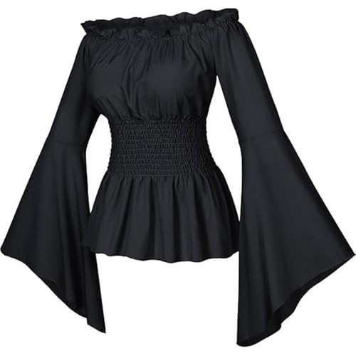 Wikinger Kleidung Damen, Mittelalter Bluse Damen Renaissance Gesmokte Taille Piratenbluse Shirt Retro Gothic Oberteil Off Shoulder Hemd Rüschen Elegant Viktorianische Piratenkostüm Karneval Kostüm von EQWIGKEIT