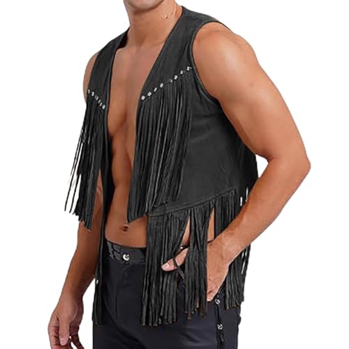 cowboy kostüm herren, hippie kostüm herren, Cowboy Weste Herren Fransen 70er Jahre Outfit Ärmellos Cowboy Kostüm Vintage Fransenweste Hippie Kostüm Herren Weste Wildleder Festival Fransenjacken von EQWIGKEIT