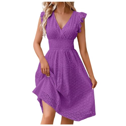 Elegante Sommerkleider Damen, Strandkleider Damen Sommer Knielang Sommerkleid Leicht Elegant V-Ausschnitt Rüschenkleid Ärmellos Italienische Kleider Boho Vintage Brautkleider Strand Freizeitkleid von EQWIGKEIT
