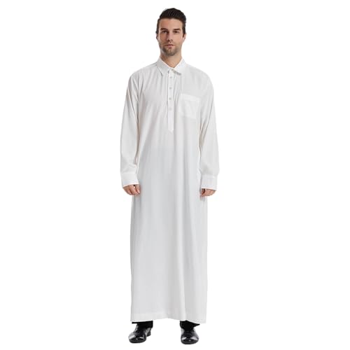 nachthemd weiß lang, kaftan herren weiss, Abaya Herren Langarm Thobe Button Down Islamisch Robe Kaftan Lang Mittelalter Hemd Ethnisch Nachthemd Einfarbig Arabische Kleidung Gebetskleidung für Männer von EQWIGKEIT
