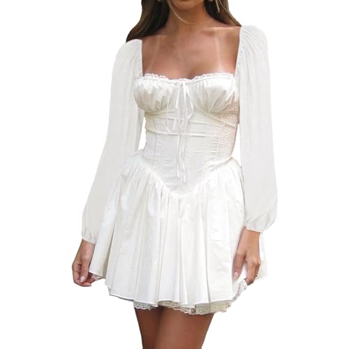 piratenkleid Damen weiß, weisses Kleid, Chiffonkleid Damen Rückenfreies Kleid Einfarbig mit Quadratischem Ausschnitt Sommerkleid Freizeitkleid Langarm A-Linien Prinzessin Kleid Knielang Abendkleider von EQWIGKEIT