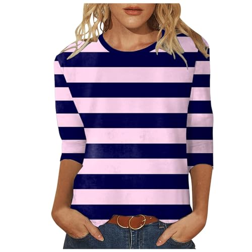rot weiß gestreiftes Shirt, Shirt 3/4 Arm Damen Sommer Oberteil Basic Blusenshirt Casual Tunika Slim Fit T-Shirt Lässig Gestreiftes Langarmshirts Klassische Damenblusen Rundhals Blusen Tshirt von EQWIGKEIT