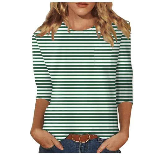 rot weiß gestreiftes Tshirt, Shirt 3/4 Arm Damen Rundhals Damenblusen Sommer Blusen Basic T-Shirt Gestreiftes Langarmshirts Einfarbige Lässig Oberteil Casual Tunika Slim Fit Tshirt Blusenshirt von EQWIGKEIT