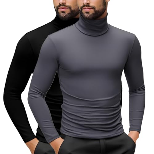 t Shirt Herren schwarz, 2 Pack Rollkragenpullover Herren Baumwolle Slim Fit Langarmshirts Einfarbig Basic Tshirt Dünn Bequeme Rollkragenshirt Langarm Unterziehshirt Elastisch Casual Tops Sweatshirt von EQWIGKEIT