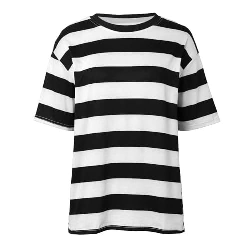 t-Shirts für Damen, Tshirt Damen, Ringelshirt Damen Schwarz Weiß Karneval Oberteil Ringelshirt Gestreiftes Rundhals Oversized Tshirt Bluse Tops Basic Kurzarm Sweatshirt von EQWIGKEIT