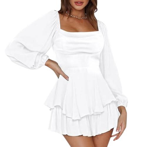 Kleid Hochzeitsgast Damen, Chiffonkleid Damen Rückenfreies Einfarbig mit Quadratischem Ausschnitt Sommerkleid Freizeitkleid Langarm A-Linien Prinzessin Kleid Knielang Abendkleider von EQWIGKEIT