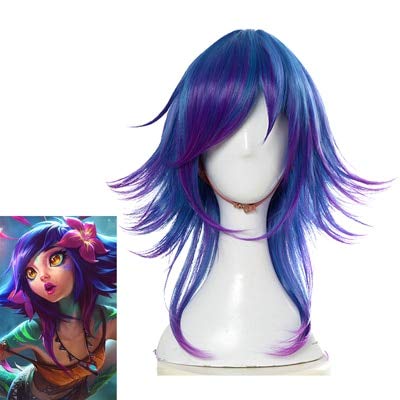 2019 Neeko Perücken die neugierige Chamäleon-Heldin Heldin Cosplay Party Haare blau gemischt lila lange lockige Frauen Geschenk Requisiten Halloween Sirius der Jäger als Bild von EQWR