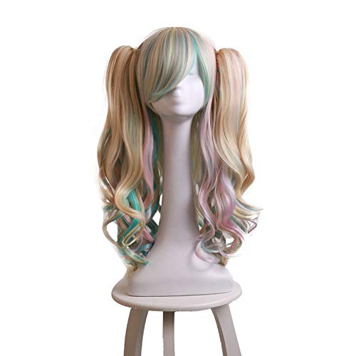 7 Farben Lolita Cosplay Perücken Mehrfarbige synthetische Perücke Lange lockige doppelte Pferdeschwanz Perücke Halloween Party Kostüm Perücke + Perücke Cap A3 von EQWR