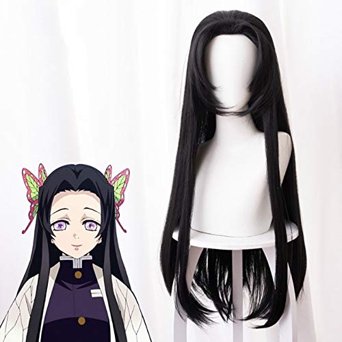 Anime Comic Dämonentöter Kimetsu no Yaiba Cosplay Perücken Kochou Kanae Cosplay Perücke Hitzebeständige synthetische Perücke Schwarz Langhaar 2 x Kopfbedeckung Nur von EQWR